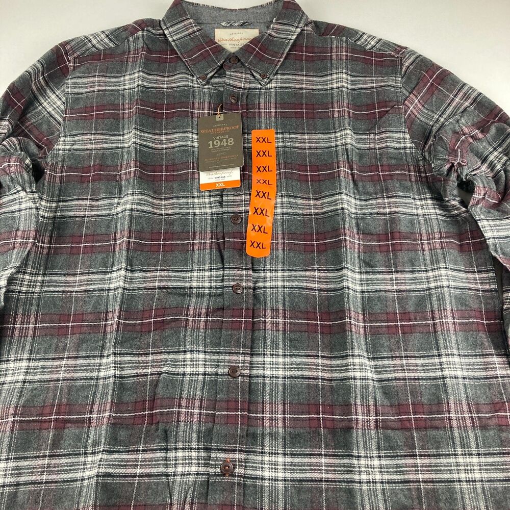 Weatherproof Vintage NWT Flannel Shirt Mens XXL Gray Burgundy Plaid Cotton